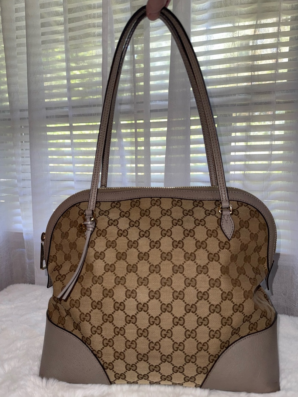 Gucci GG Monogram Bree Shoulder Bag with Taupe Leather Trim